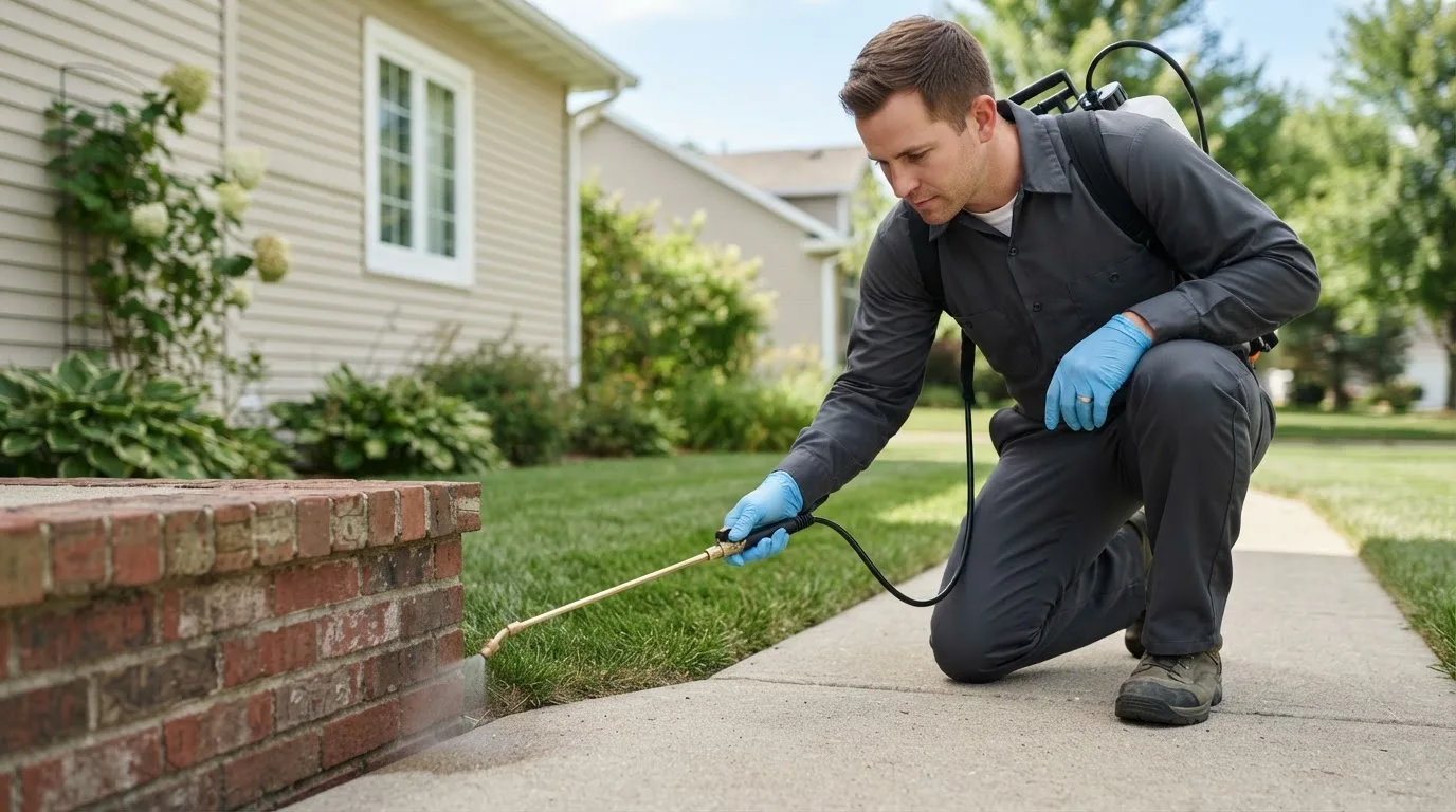 Pest control technician treating a home near Dewar, OK