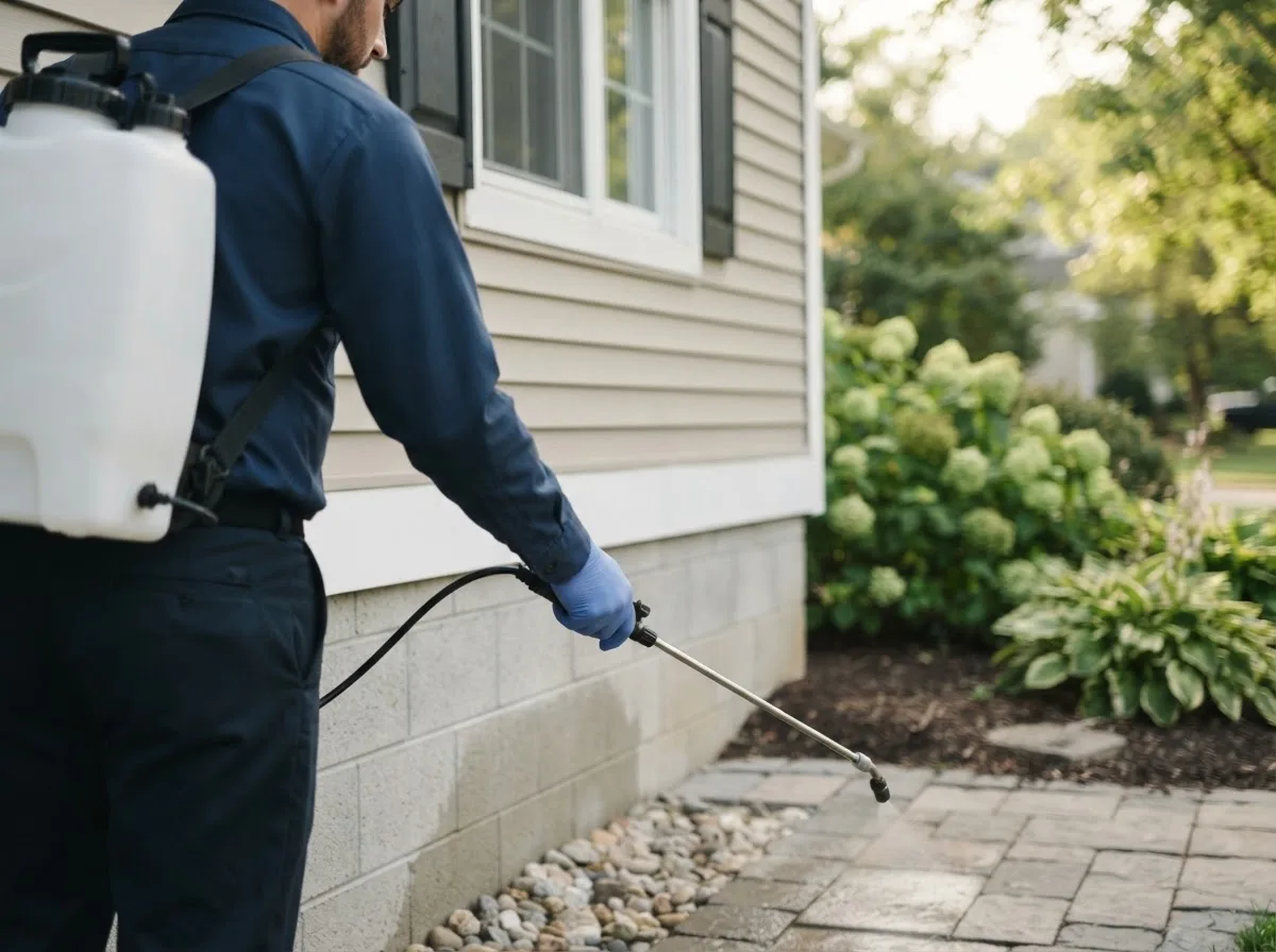 Pest control technician inspecting a home in Dewar, OK